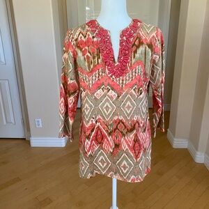Jones New York Multicolor Geometric Patterned Beaded Linen Boho Tunic